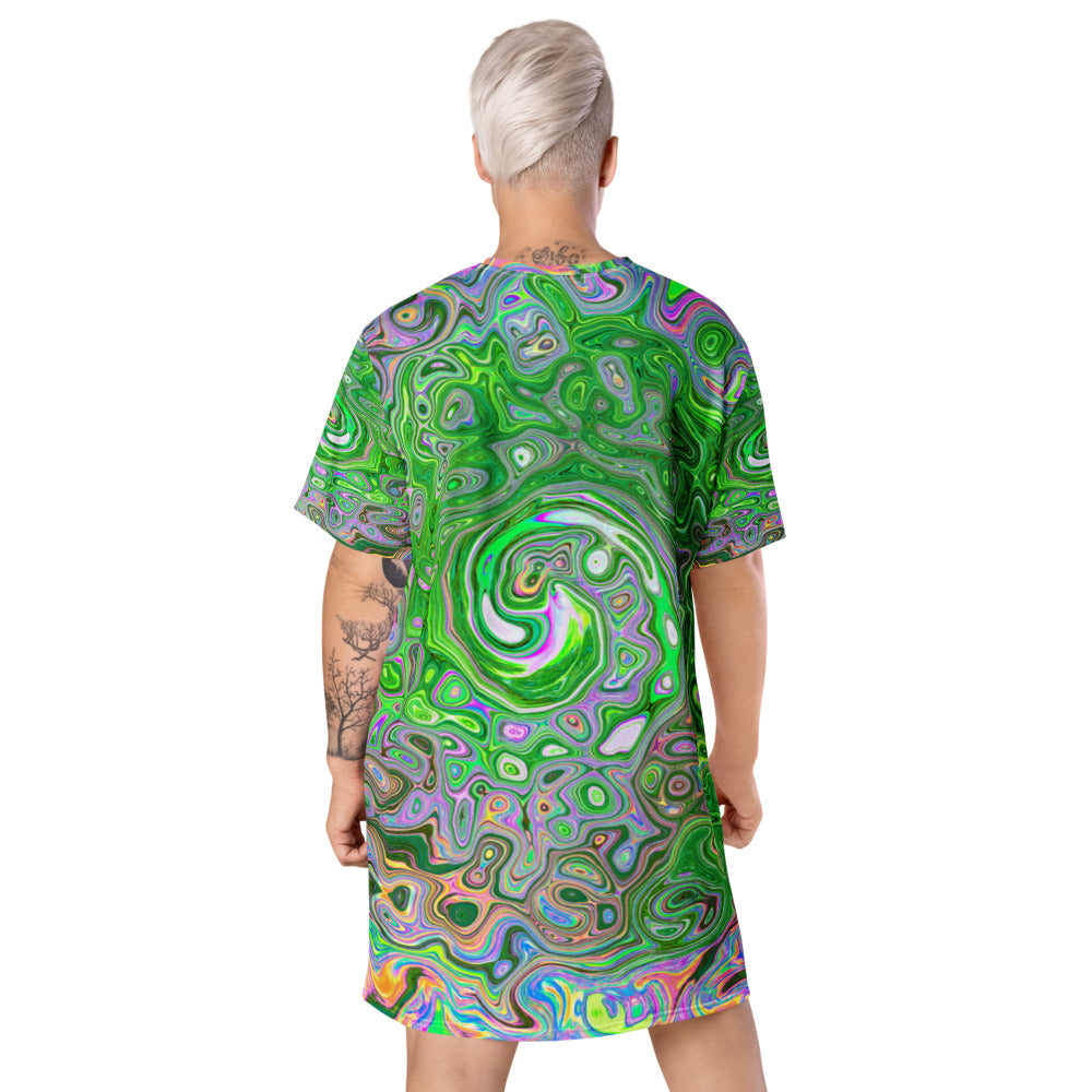 T Shirt Dress, Trippy Lime Green and Pink Abstract Retro Swirl