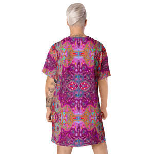 T Shirt Dress, Abstract Magenta, Pink, Blue and Red Groovy Pattern
