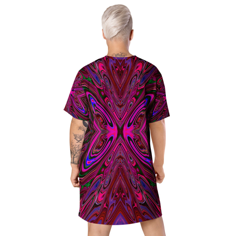 T Shirt Dress, Trippy Hot Pink, Red and Blue Abstract Butterfly