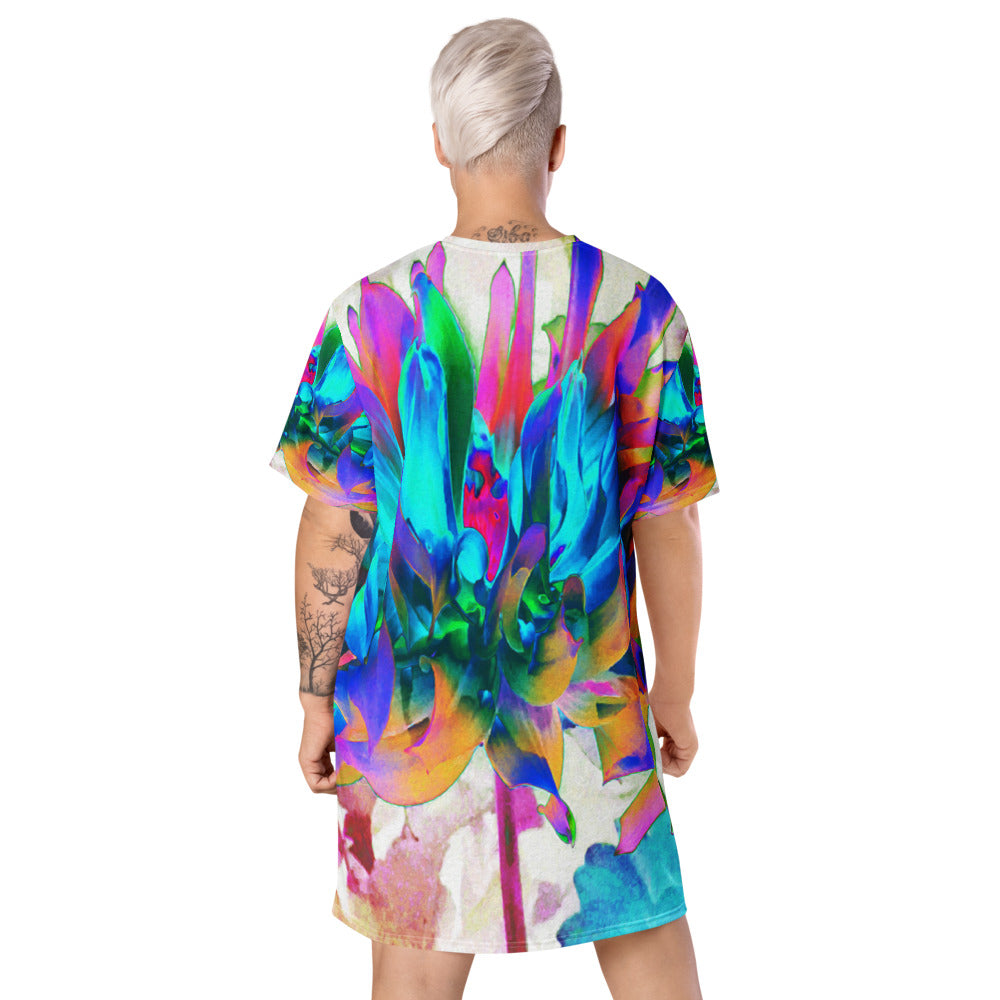 T Shirt Dress, Stunning Watercolor Rainbow Cactus Dahlia