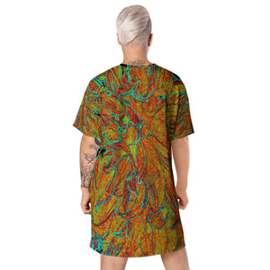 T Shirt Dress, Abstract Burnt Orange and Green Dahlia Bloom