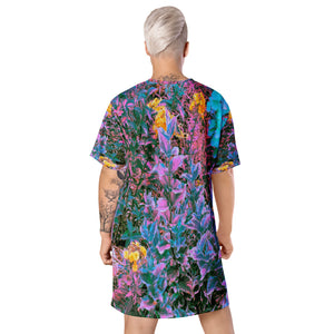 T Shirt Dress, Abstract Coral, Pink, Green and Aqua Garden Foliage