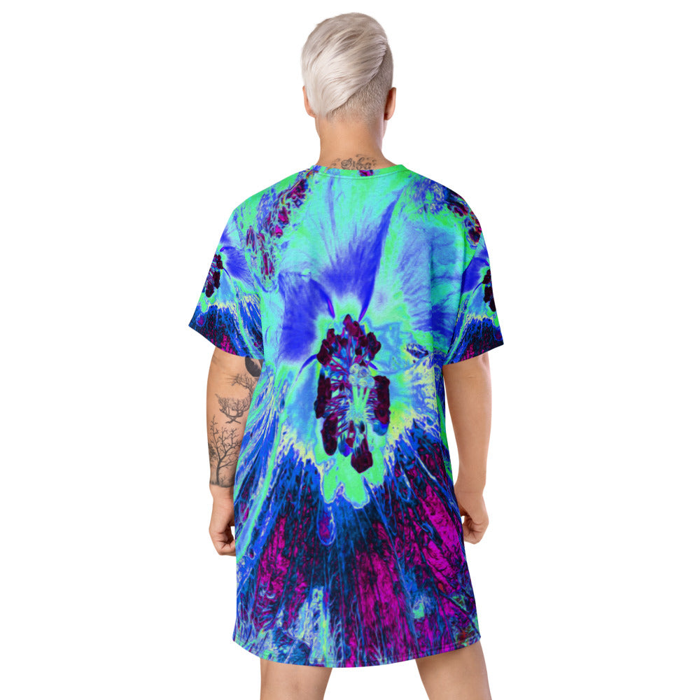 T Shirt Dress, Psychedelic Retro Green and Blue Hibiscus Flower