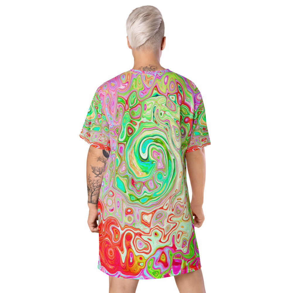T Shirt Dress, Groovy Abstract Retro Pastel Green Liquid Swirl