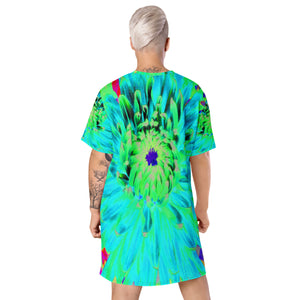 T Shirt Dress, Abstract Aqua Decorative Dahlia Flower