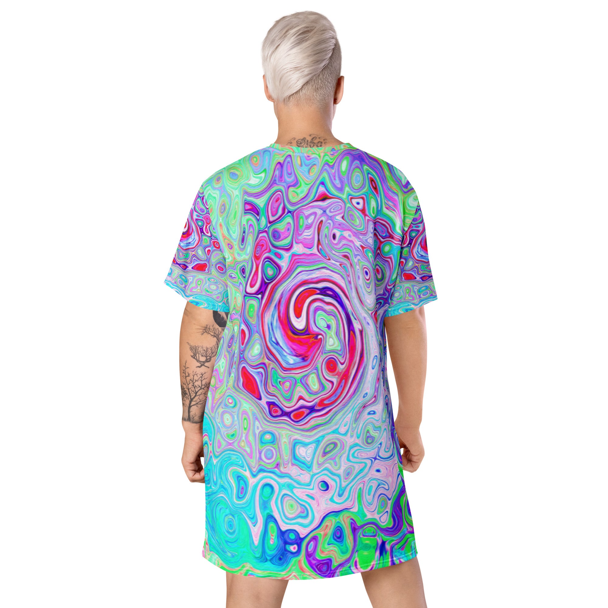 T Shirt Dress, Groovy Abstract Retro Pink and Green Swirl