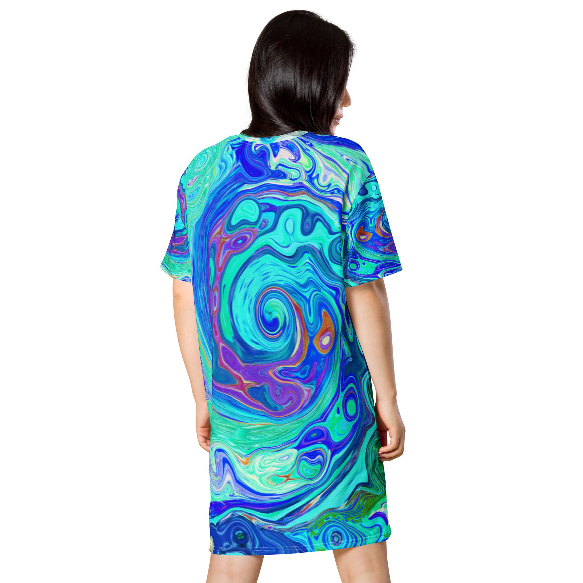 T Shirt Dress, Groovy Abstract Ocean Blue and Green Liquid Swirl