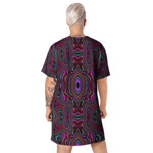 T Shirt Dress, Trippy Seafoam Green and Magenta Abstract Pattern