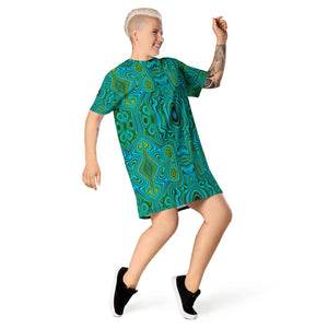 T Shirt Dress, Trippy Retro Turquoise Chartreuse Abstract Pattern
