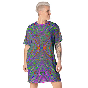 T Shirt Dresses, Abstract Trippy Purple, Orange and Lime Green Butterfly All Over Print