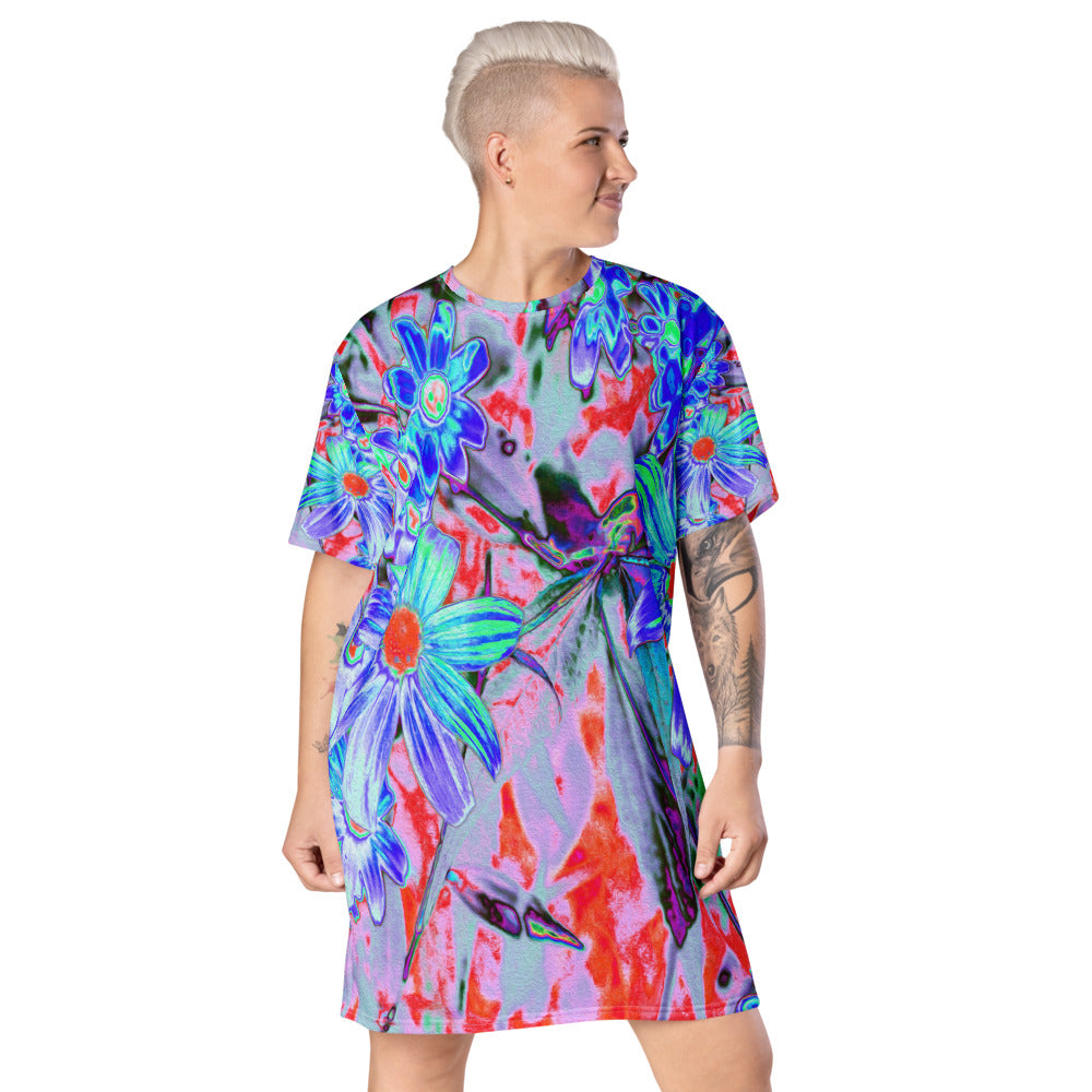 T Shirt Dresses, Retro Psychedelic Aqua and Orange Flowers All Over Print