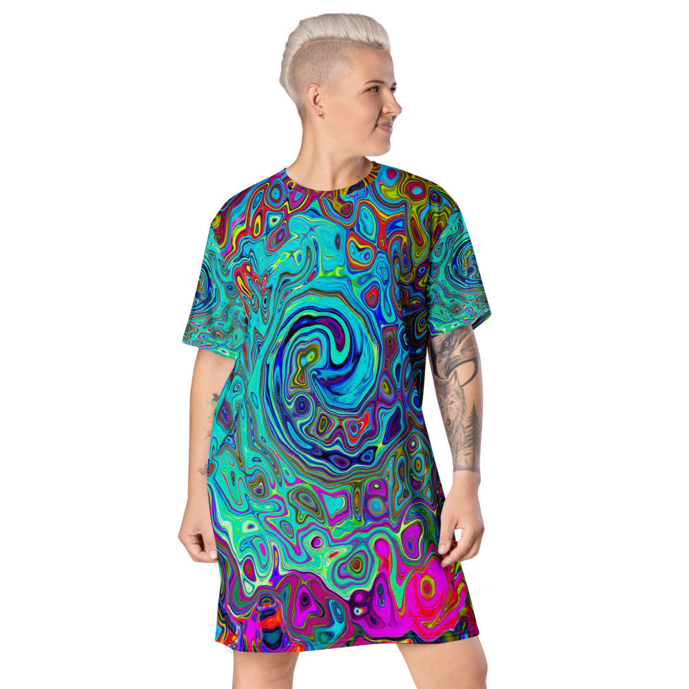 T Shirt Dresses, Trippy Sky Blue Abstract Retro Liquid Swirl All Over Print