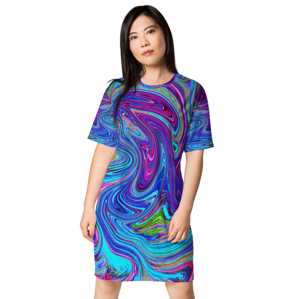 T Shirt Dress, Blue, Pink and Purple Groovy Abstract Retro Art - All Over Print