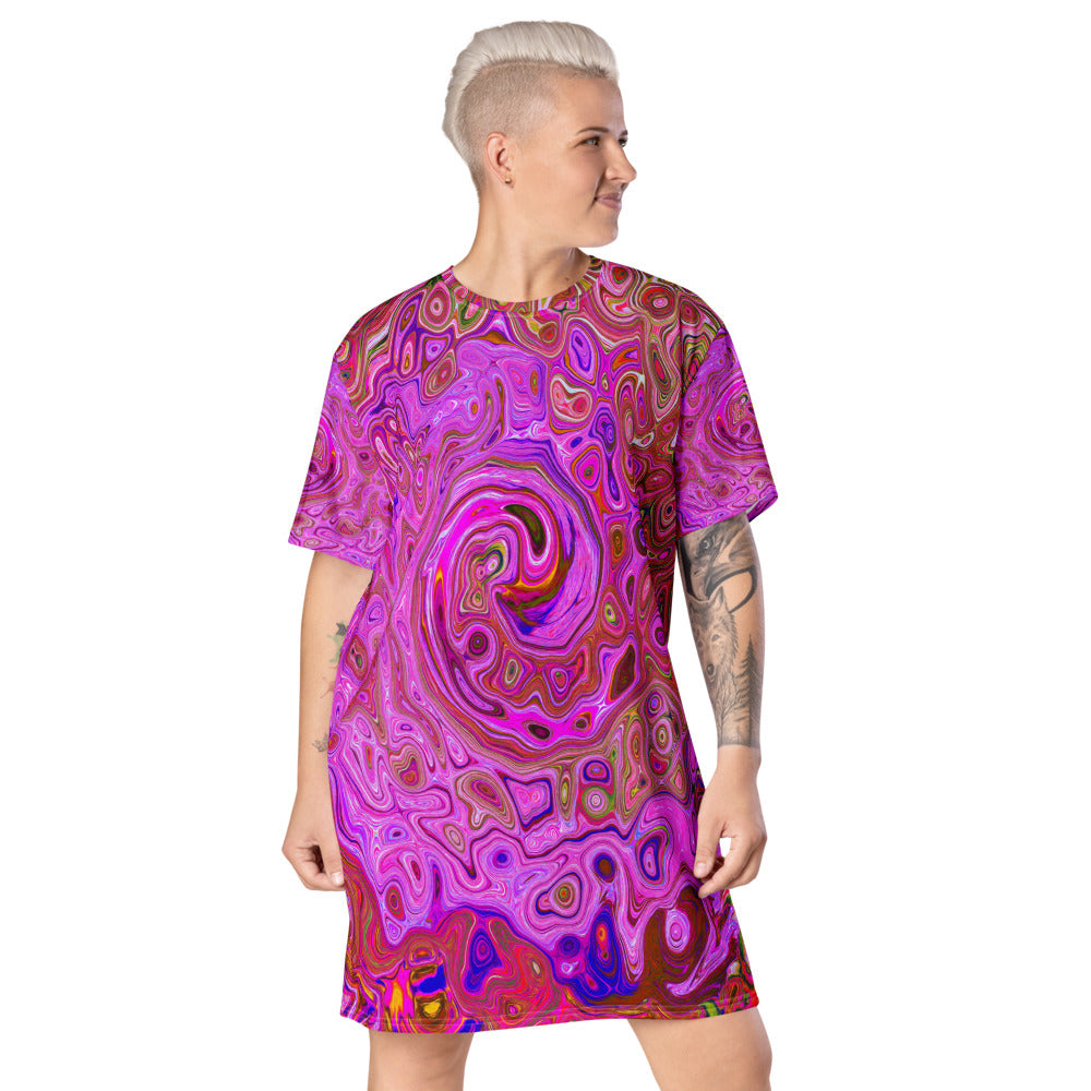 T Shirt Dress, Hot Pink Marbled Colors Abstract Retro Swirl - Plus Size