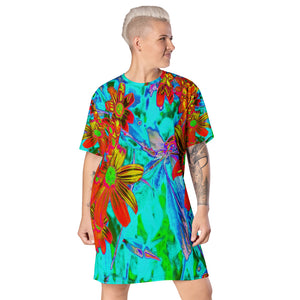 Aqua Tropical with Yellow and Orange Flowers T Shirt Dress