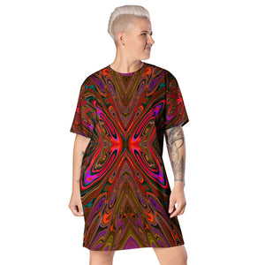 T Shirt Dress, Abstract Trippy Orange and Magenta Butterfly