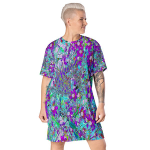 T Shirt Dress, Aqua Garden with Violet Blue and Hot Pink Flowers