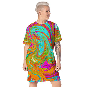 T Shirt Dress, Blue, Orange and Hot Pink Groovy Abstract Retro Art