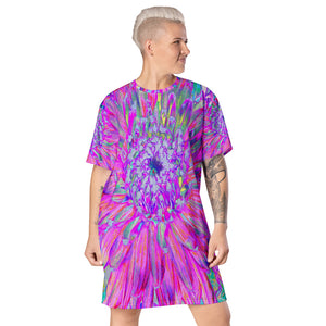 T Shirt Dress, Cool Pink Blue and Purple Artsy Dahlia Bloom