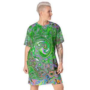 T Shirt Dress, Trippy Lime Green and Pink Abstract Retro Swirl