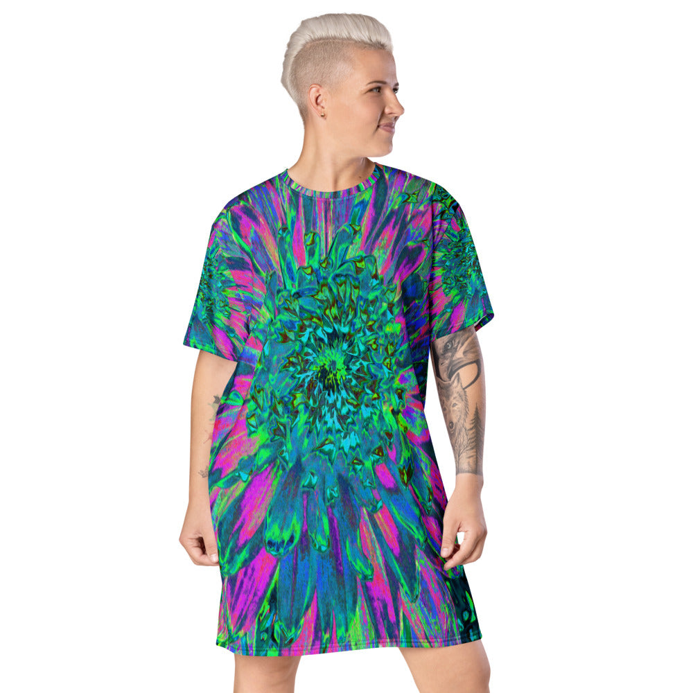T Shirt Dress, Psychedelic Magenta, Aqua and Lime Green Dahlia