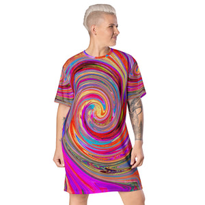 T Shirt Dress, Colorful Rainbow Swirl Retro Abstract Design