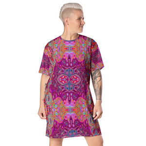 T Shirt Dress, Abstract Magenta, Pink, Blue and Red Groovy Pattern