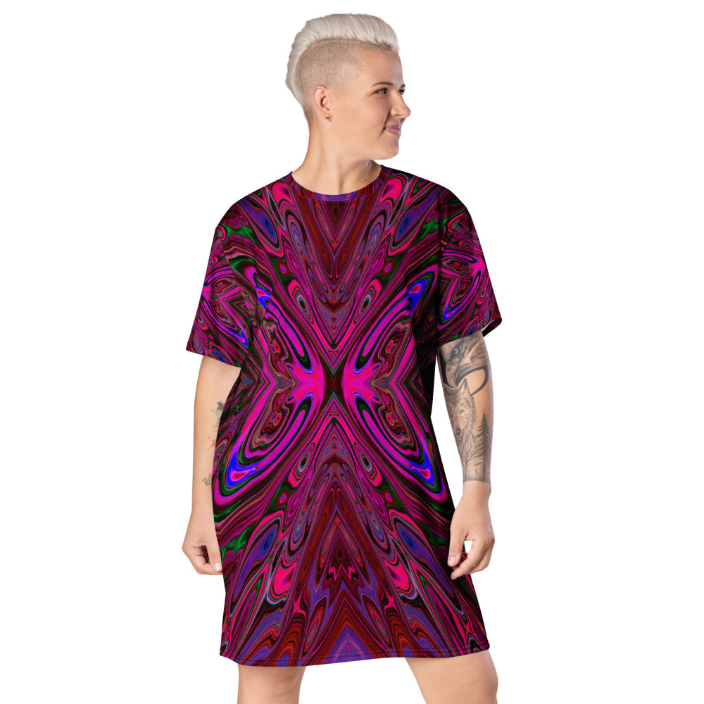 T Shirt Dress, Trippy Hot Pink, Red and Blue Abstract Butterfly