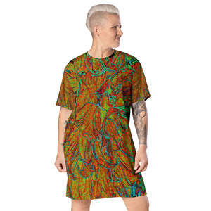 T Shirt Dress, Abstract Burnt Orange and Green Dahlia Bloom