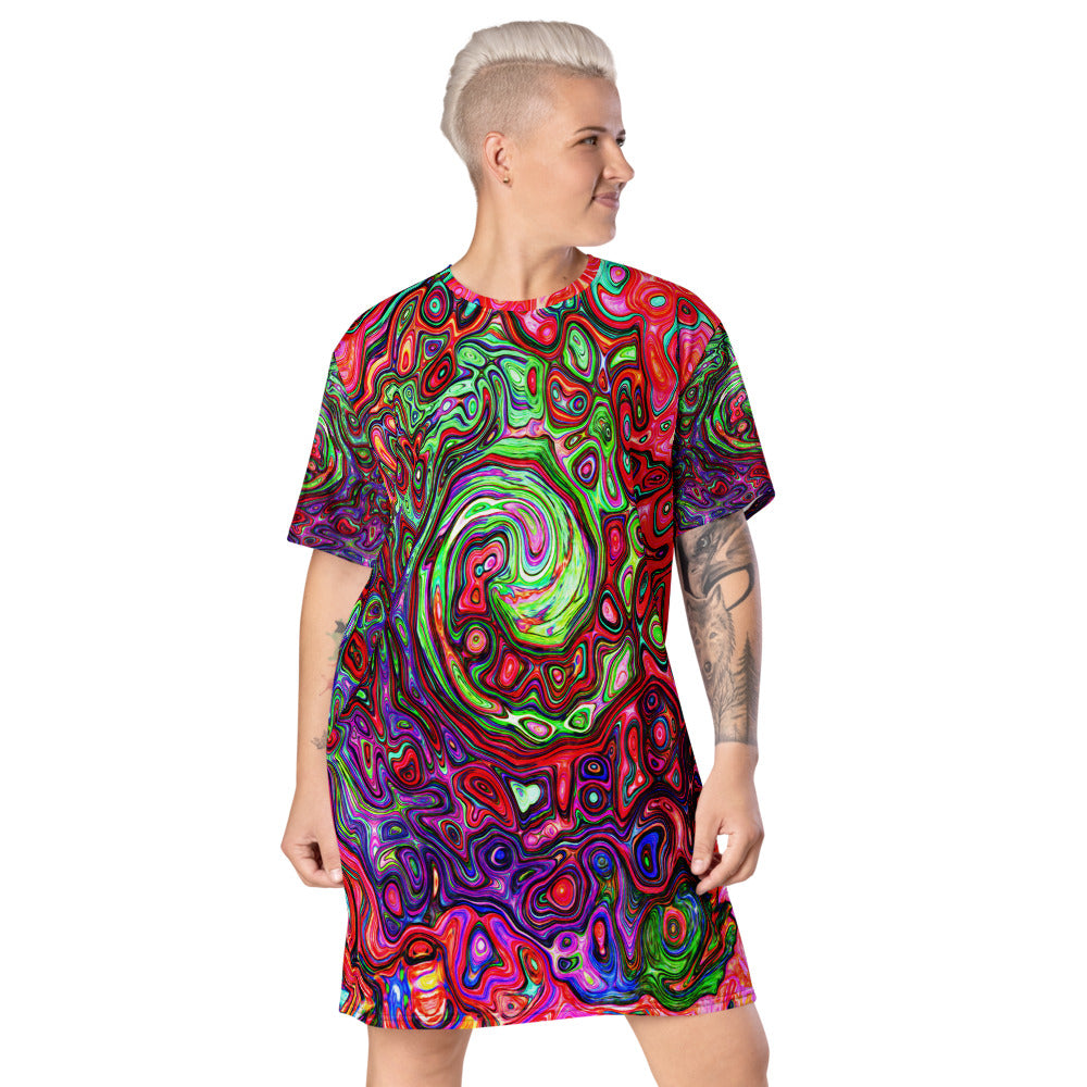 T Shirt Dress, Watercolor Red Groovy Abstract Retro Liquid Swirl