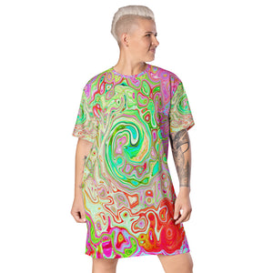 T Shirt Dress, Groovy Abstract Retro Pastel Green Liquid Swirl