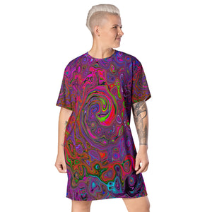 T Shirt Dress, Psychedelic Groovy Magenta Retro Liquid Swirl