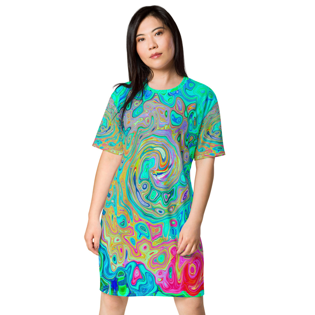 T Shirt Dress, Groovy Abstract Retro Rainbow Liquid Swirl