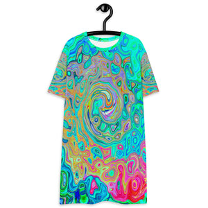 T Shirt Dress, Groovy Abstract Retro Rainbow Liquid Swirl
