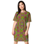 T Shirt Dress, Trippy Retro Chartreuse Magenta Abstract Pattern