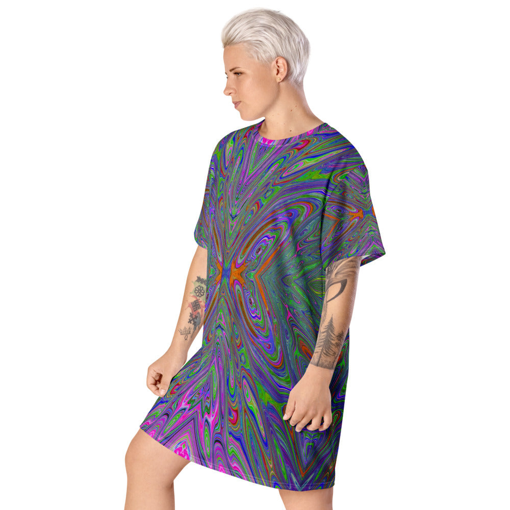 T Shirt Dresses, Abstract Trippy Purple, Orange and Lime Green Butterfly All Over Print