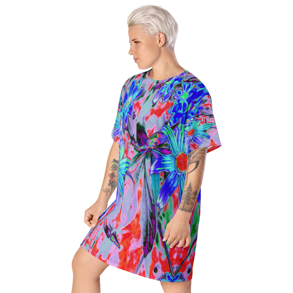 T Shirt Dresses, Retro Psychedelic Aqua and Orange Flowers All Over Print