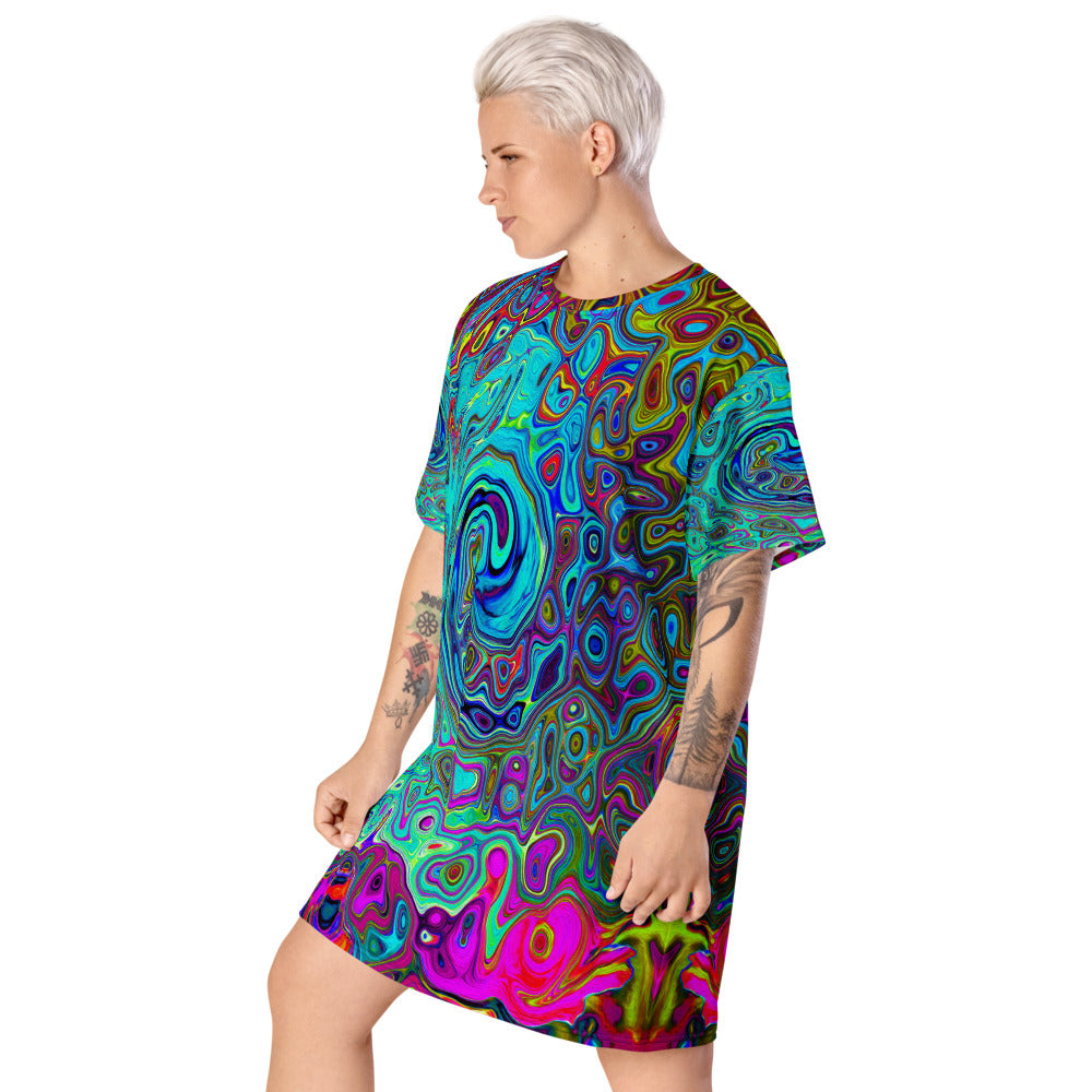 T Shirt Dresses, Trippy Sky Blue Abstract Retro Liquid Swirl All Over Print