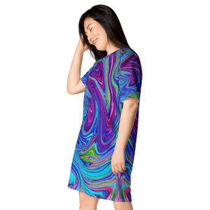 T Shirt Dress, Blue, Pink and Purple Groovy Abstract Retro Art - All Over Print