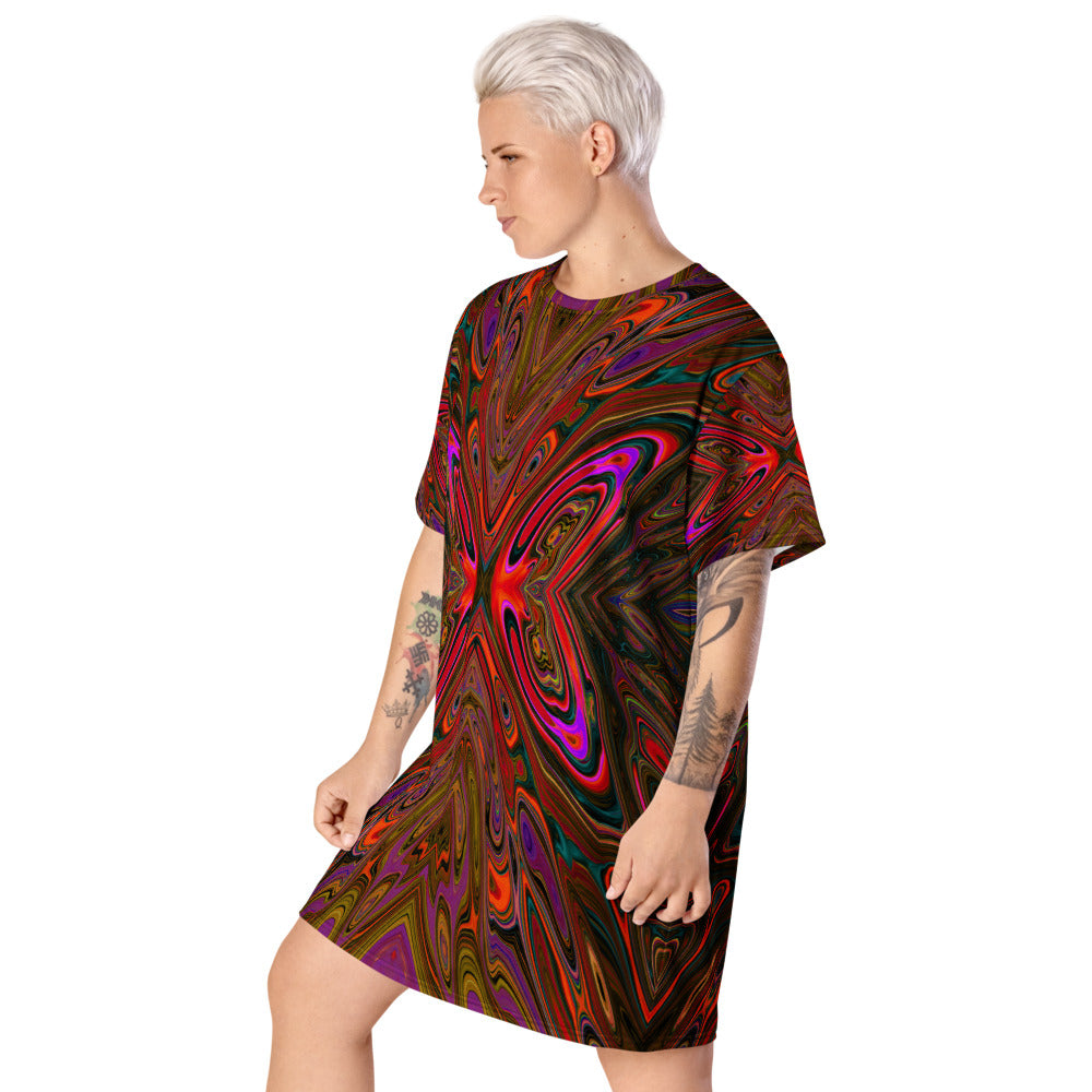 T Shirt Dress, Abstract Trippy Orange and Magenta Butterfly