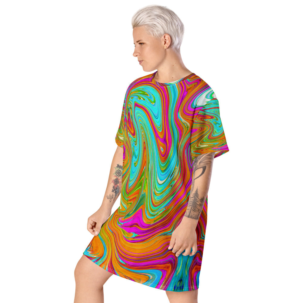T Shirt Dress, Blue, Orange and Hot Pink Groovy Abstract Retro Art