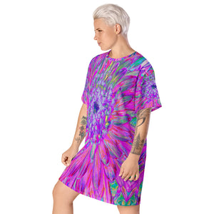 T Shirt Dress, Cool Pink Blue and Purple Artsy Dahlia Bloom