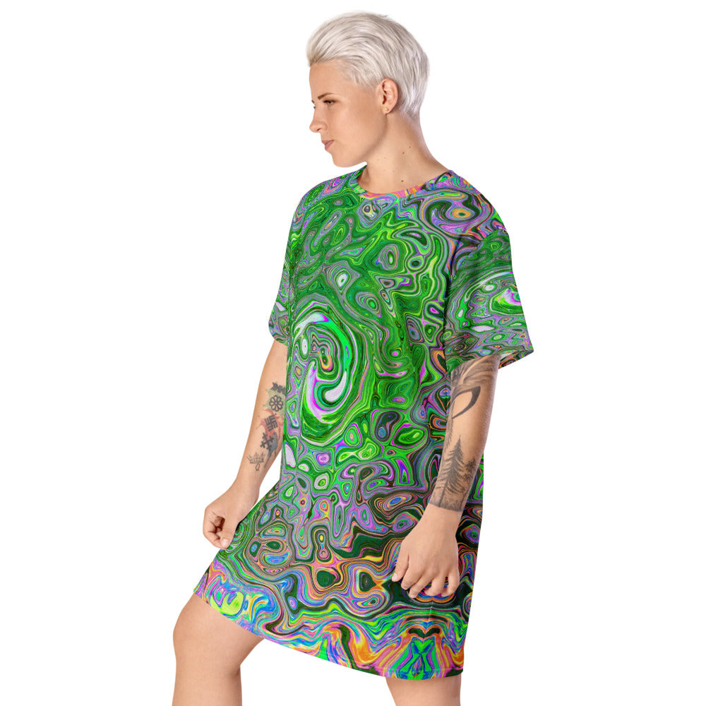 T Shirt Dress, Trippy Lime Green and Pink Abstract Retro Swirl