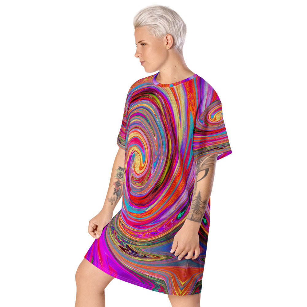 T Shirt Dress, Colorful Rainbow Swirl Retro Abstract Design