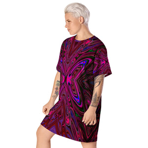 T Shirt Dress, Trippy Hot Pink, Red and Blue Abstract Butterfly