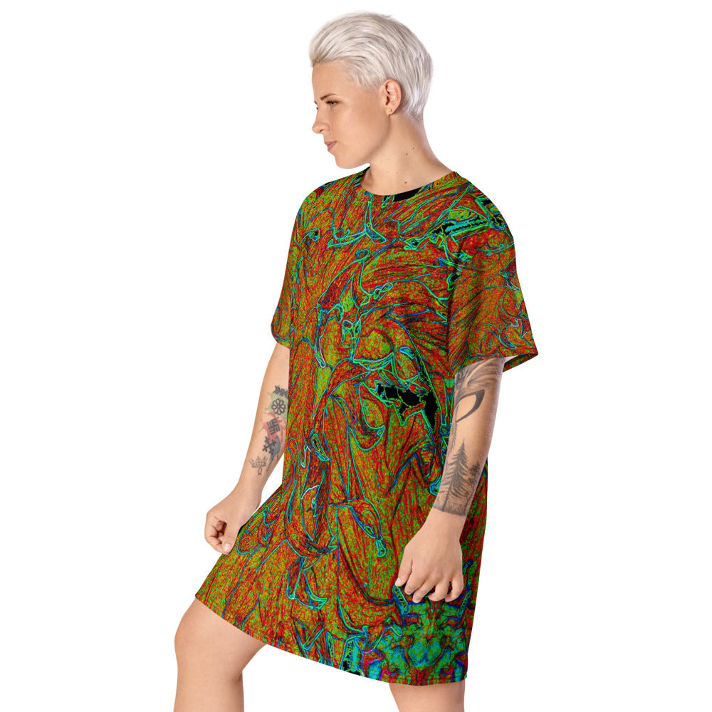 T Shirt Dress, Abstract Burnt Orange and Green Dahlia Bloom