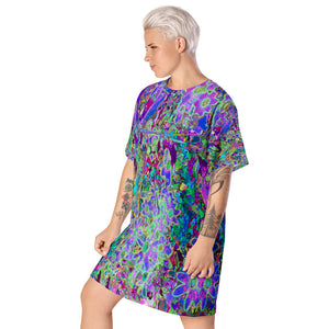 T Shirt Dress, Trippy Abstract Pink and Purple Flowers