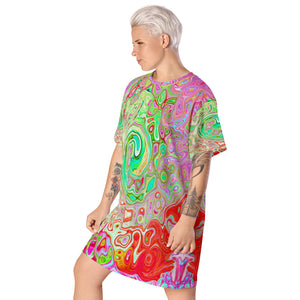 T Shirt Dress, Groovy Abstract Retro Pastel Green Liquid Swirl