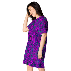 T Shirt Dress, Trippy Retro Magenta and Black Abstract Pattern