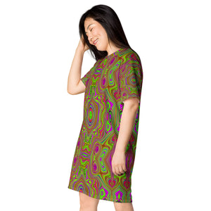 T Shirt Dress, Trippy Retro Chartreuse Magenta Abstract Pattern